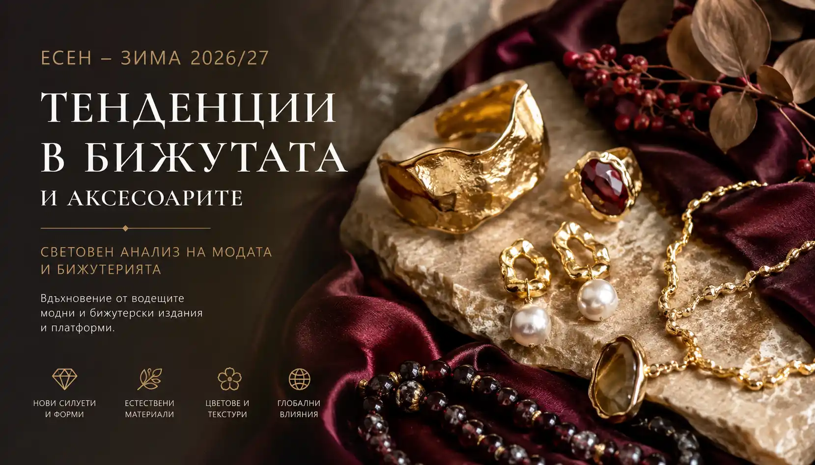 Тенденции при бижутата за есен–зима 2026/27 – естествени камъни, перли, златисти елементи и дизайнерски аксесоари