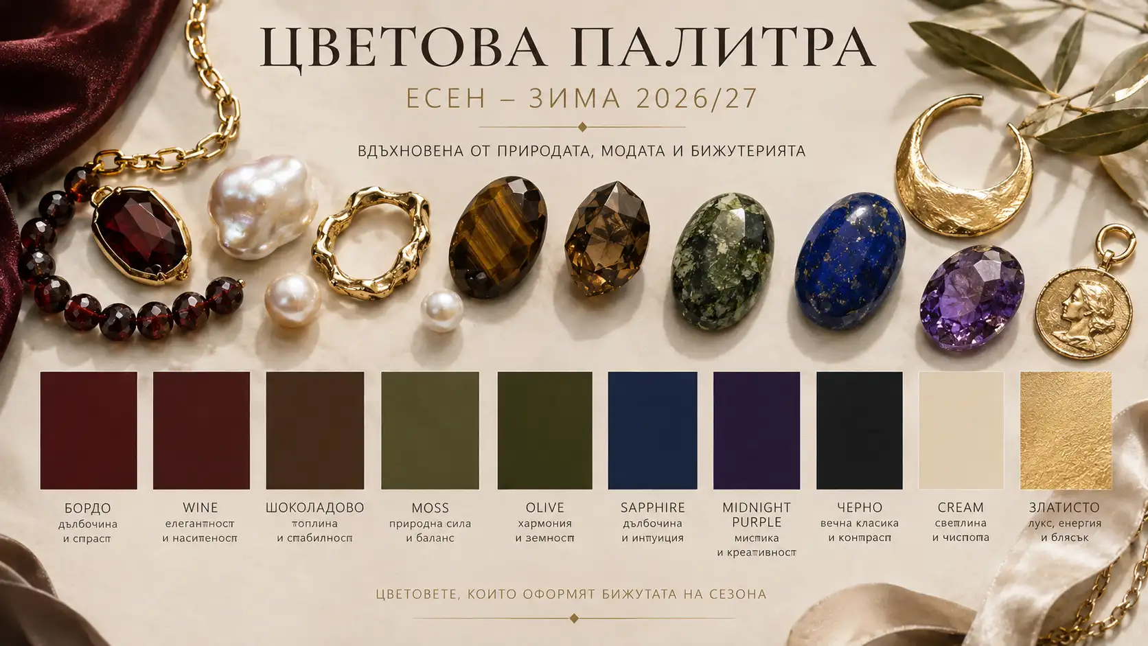 Цветова палитра за бижута есен–зима 2026/27 – бордо, шоколадово, маслинено зелено, сапфирено синьо, лилаво, кремаво и златисто