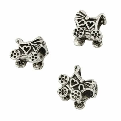 Детайлен сребрист елемент за бижута - детска количка с голям отвор за верижка или шнур