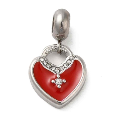 Висулка Сърце с държач от неръждаема стомана 304, червен емайл и кристали, 25 мм - 1 бр