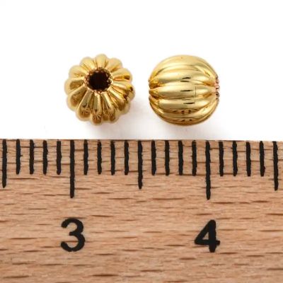 3 Месингови мъниста, кръгли гофрирани, позлатени с 18K злато, 5 мм