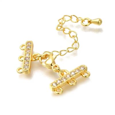 Триредна закопчалка карабинер с инкрустиран фианит и удължител, Gold 56мм  - 1 бр - 1 бр