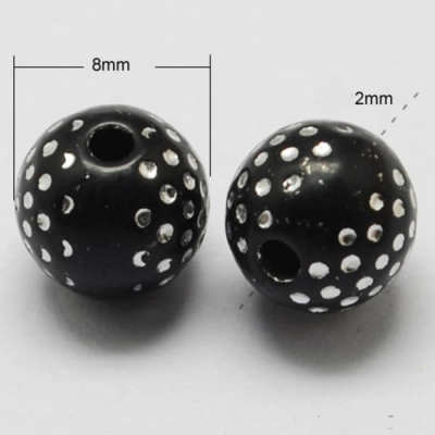 Пластмасови черни мъниста, декорирани с метални сребристи точки, 8мм- 100 броя