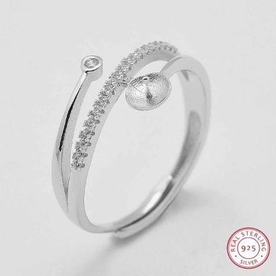 Сребърен пръстен с декорация от Фианит и плочка за камък - 17мм регулируем диаметър 