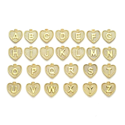 Метални сърца висулки с латински букви от A~Z  с 18К златно покритие - 1 комплект  
