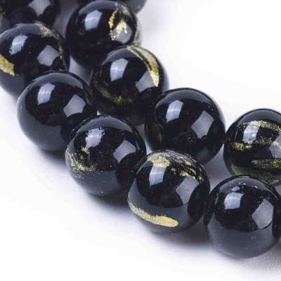 Нефрит естествен на кръгли 12 мм мъниста с подобрен черен цвят и арт златно фолиране