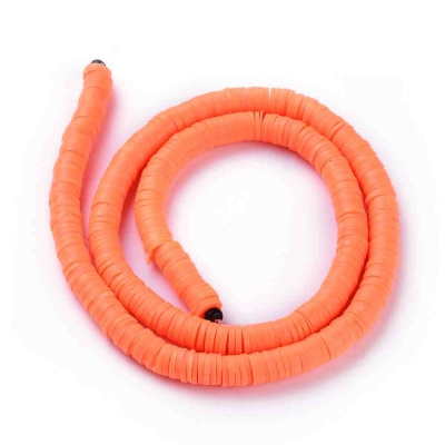Плоски кръгли дискови мъниста Heishi, ръчно изработени от екологична полимерна глина в оранжево червен цвят