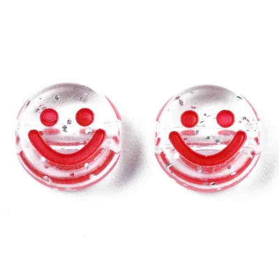 3 Прозрачни акрилни мъниста с хоризонтален отвор, тема усмихнато лице, червени, 10x5 мм