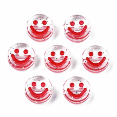 Прозрачни акрилни мъниста с хоризонтален отвор, тема усмихнато лице, червени, 10x5 мм