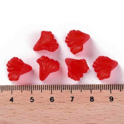 5 Червени матирани, акрилни шапки за мъниста, цветя, 12x12x9 мм