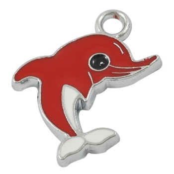 Метална висулка делфинче с емайлиран червен цвят 26,5 мм - 1 бр. 