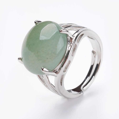 Регулируем пръстен с естествен зелен Авантюрин, месингов обков 17,5 мм - 1 бр  