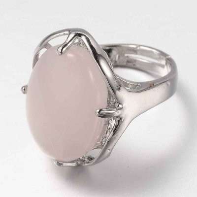 Регулируем пръстен с естествен Розов кварц с месингов обков в платинен цвят 17,5 мм - 1 бр 