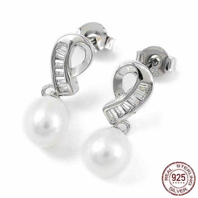 Сребърни обеци проба 925 с родиево покритие, естествена бяла перла и кубичен цирконий 21,5x6,5 мм  - 1 чифт    